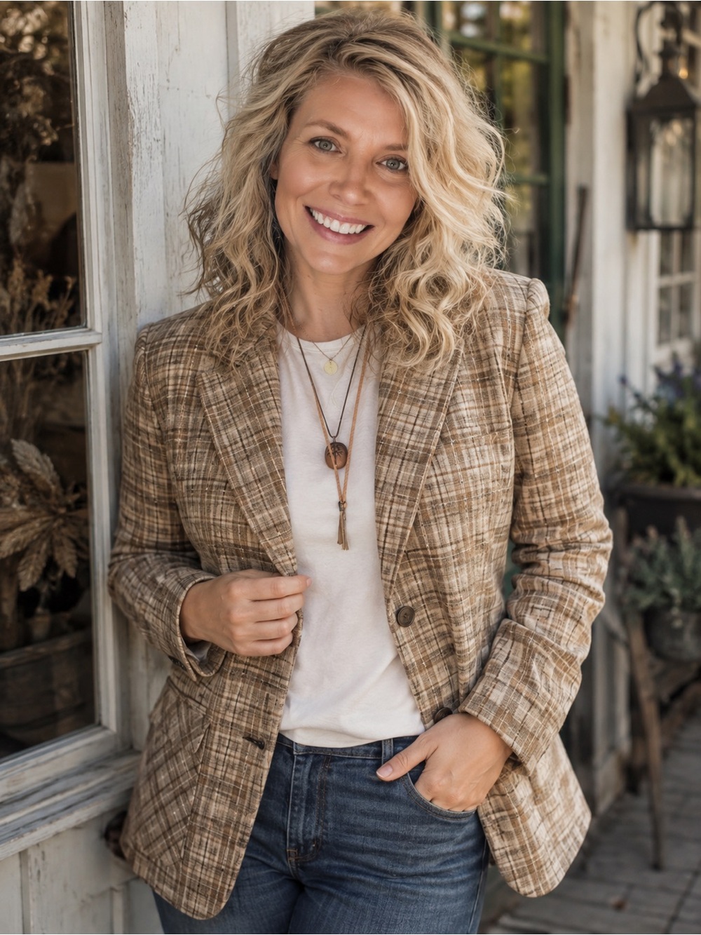Hobnobber Vintage Plaid Blazer Tan White Made in Canada Size 14